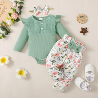 0-18 Meses Bebê Menina Recém-Nascida 3Pcs Conjunto De Roupas/Moda Renda Patchwork Manga Longa Fato De Banho Com Costura + Calça Floral + Fita De Cabeça/Fantasias De Festa De Aniversário