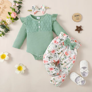 0-18 Meses Bebê Menina Recém-Nascida 3Pcs Moda Renda Patchwork Manga Longa Fato De Banho Com Costura + Calça Floral Fita