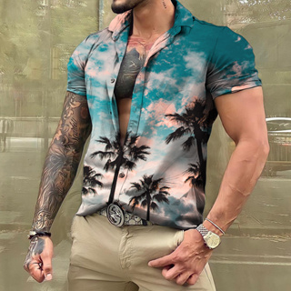 Camisa de praia havaiana de manga curta masculina, camisas