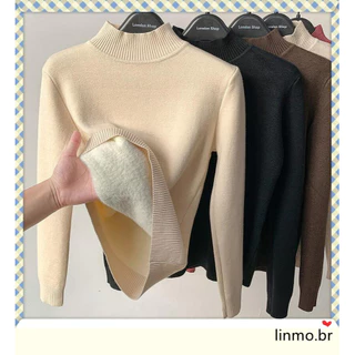 Suéter de pelúcia feminino inverno outono e inverno novo engrossado de uma peça de lã meia gola alta com camisa