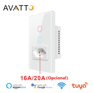 Interruptor De Luz Inteligente AVATTO Tuya WiFi & Socket16A/20A (Optional) Brasil Painel De Vidro Padrão 4X2 1/2 Botões Funciona Com Alexa Google home