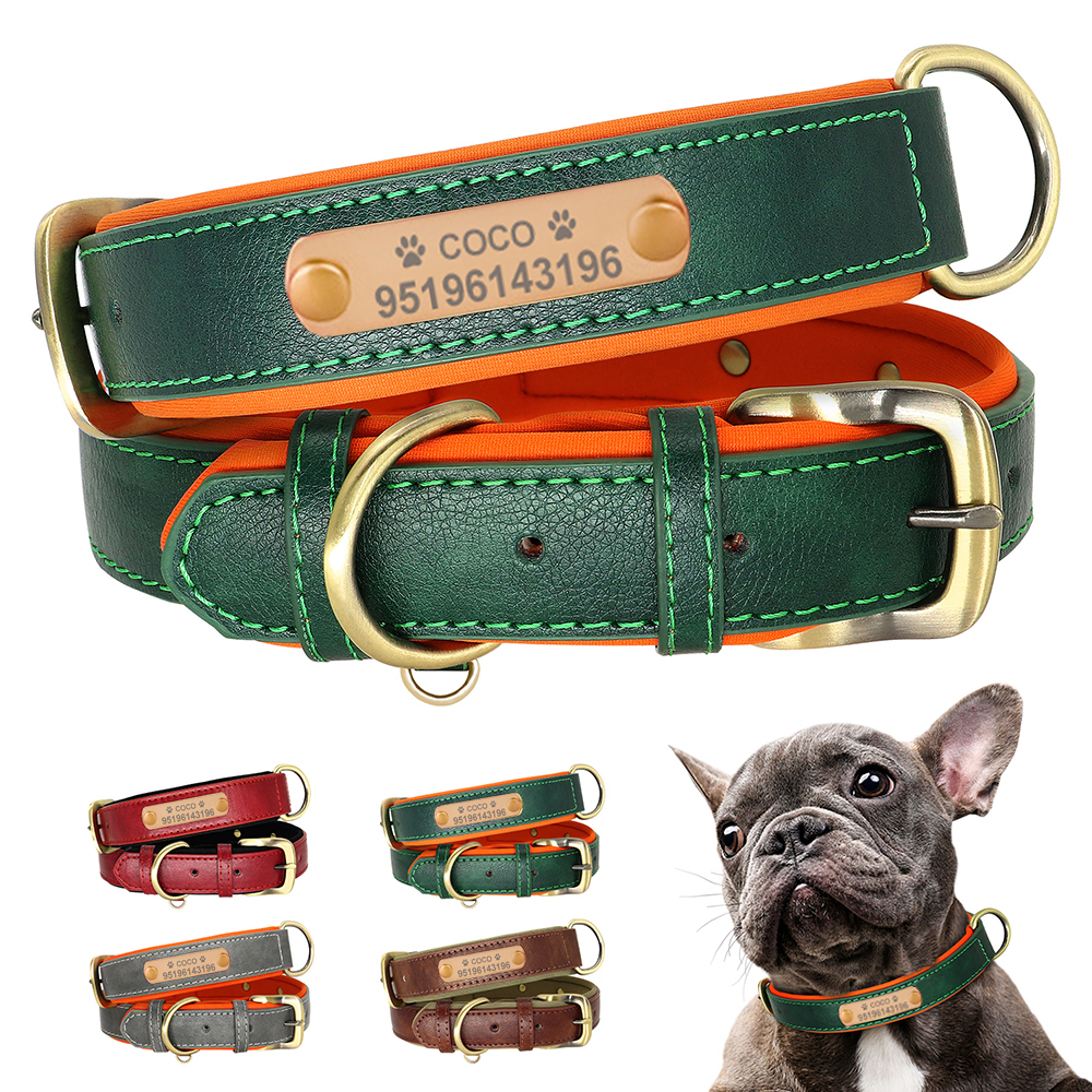 Personalizado coleira de cachorro Couro Pequeno Para Cães ID Tag Nome Gravado Dog coleira cachorro Gravação livre XS/S/M/L/XL