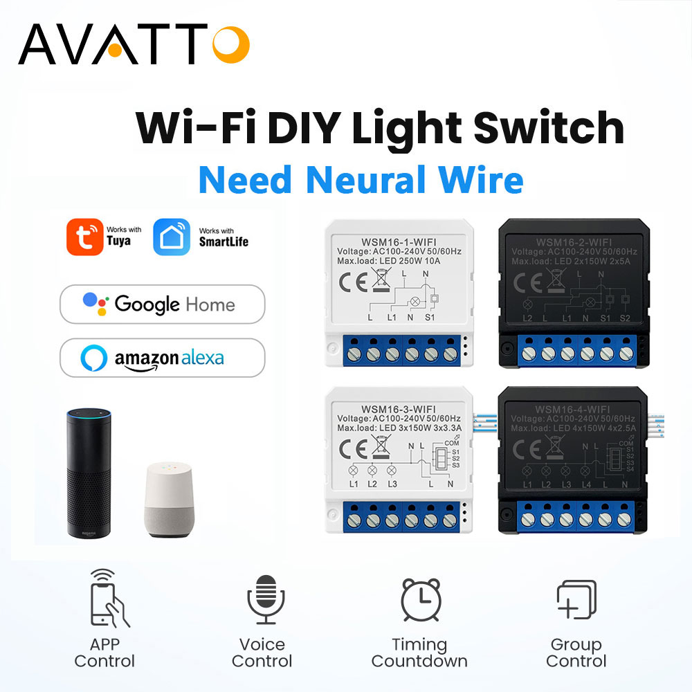 Módulo De Interruptor De Luz Inteligente Sem Fio AVATTO Wifi Neutro Necessário Tuya App Remote 2 Ways Control 1/2/3/4 Gangue Mini DIY Breaker Trabalho Para Alexa , google home