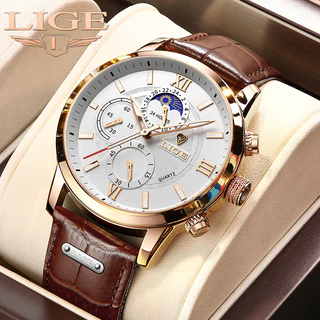 Relogio Masculino LIGE de Quartzo Estilo Militar Esportivo com Pulseira de Couro À Prova D’Água + Caixa