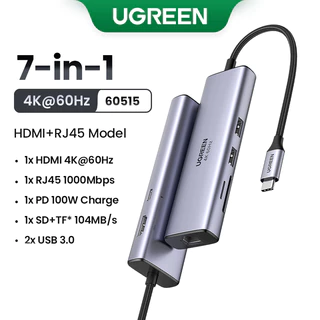 UGREEN USB C Hub Com Ethernet , Adaptador Multiportas 7 Em 1 HDMI 4K @ 60Hz , Carregamento PD 100W , Leitor De Cartões SD/TF , 2 Portas 3.0 , Estação De Acoplamento MacBook Compatível Mac , iPad