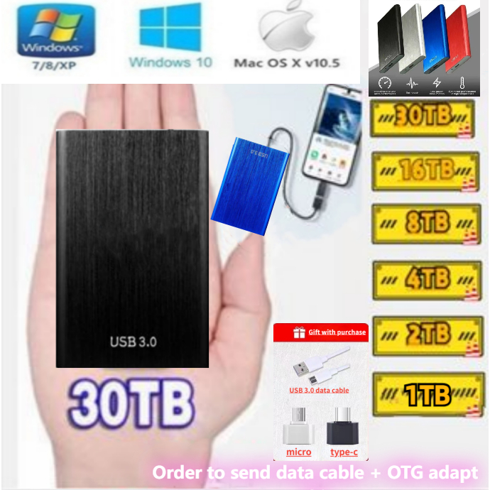 HD USB 3.0 SSD de alta velocidade 30 TB/16 TB disco rígido externo portátil 8 TB/4 TB/2 TB/1 TB dispositivo de armazenamento
