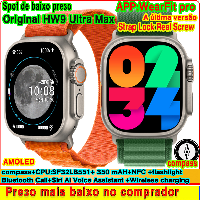 Relógio Smartwatch Original HW9 Ultra Max De 2,2 Polegadas AMOLED Série 9 Bússola Dock Siri Bluetooth Call NFC iwo