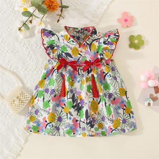 2023 Flores Pintadas Grafite Vestido De Bebê Chinês Estilo Vintage Pingente De Laço Vermelho Menina Para Crianças (0-3 Anos)