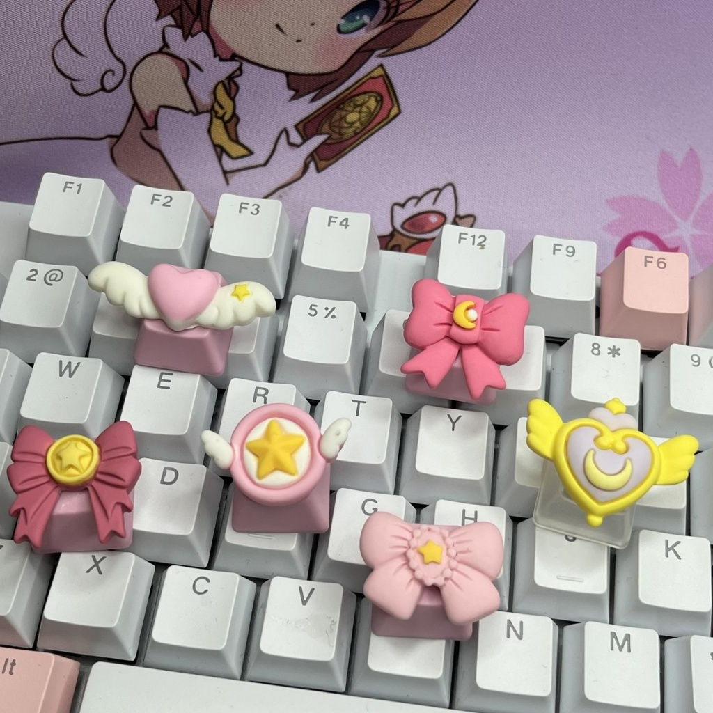 Chaveiro Mecânico Magic Girl Sakura 3D Anime Pink Teclado Cruzado Eixo Personalizado Bow Keycap