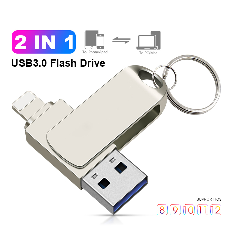 Rodar USB 3.0 Flash Drive Para iPhone Com interface 2 Em 1-A Relâmpago usb3.0 pendrive Iphone7/8/9/11/12/13/Ipad