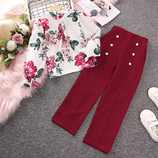 Siyyyis Roupa De Meninas 8-12 Anos Conjuntos Para Impressão Floral Blusa Branca & Botão Vermelho Calças Flare Adolescentes Elegantes Estilo Coreano Casual Diária