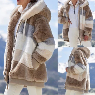 Casaco de pelúcia com capuz feminino casaco teddy plus size de inverno quente de pelúcia de outono solto
