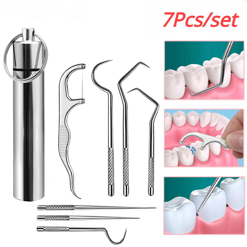 7Pcs Conjunto De Palitos De Dente De Aço Inoxidável Reutilizáveis Portáteis Limpeza Oral