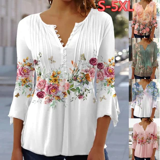 Camiseta Casual De Moda Feminina Tamanho Floral Impresso Meia Manga Em V