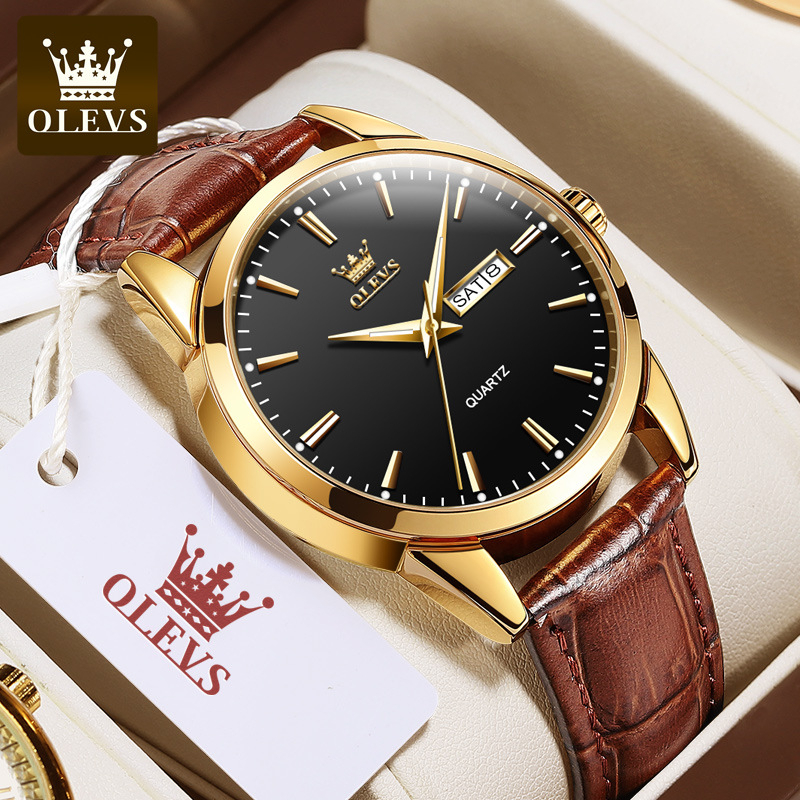 Olevs relogio relógios masculinos luxo prova da água original couro preto 6898