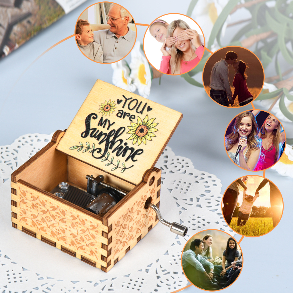Carillon Musicale In Legno Massello Con Melodia 'You Are My Sunshine' - Cornice Portafoto 6x6 Cm, Meccanismo Sankyo, Regalo Romantico