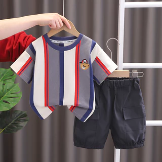 Summer Children Boys Clothing Strips Kids Cartoon Bear T-Shirt Shorts 2Pcs/Sets Fatos Esportivos De Lazer Para Crianças De Bebê De Algodão