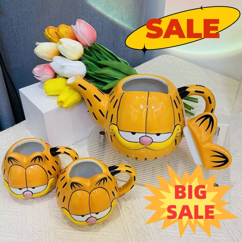 Graby2023 Garfield 3D Conjunto de Bules de Cerâmica Conjunto de Bules de Cerâmica Caneca de Cartoon Bonitinho com Tampa para Fazer Café com Leite Conjunto de Chá com Aveia Conjunto de Água para Casa Chávena de Água Deve Ter [Valor CP Incrível]