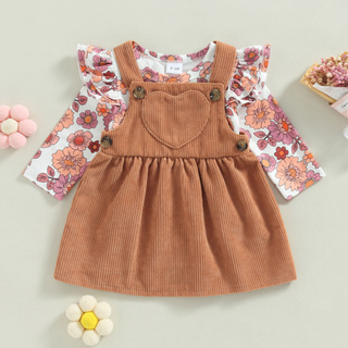 Conjunto de roupas Kawaii para bebês meninas de manga comprida com  suspensório floral e saias, macacão (marrom, 6 a 12 meses)