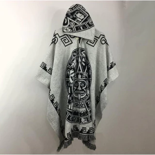 Manto De Lã Vintage Poncho Adulto Com Capuz De Inverno Camisola Solta Wram Soft Gray Black Aztec Pattern Plus Tamanho