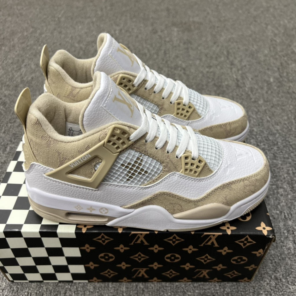 2023novo Estoque Pronto L-oui-s V-uitto-n x Air Jordan 4 Tênis Khaki Branco Retro Sapatilhas De Basquetebol