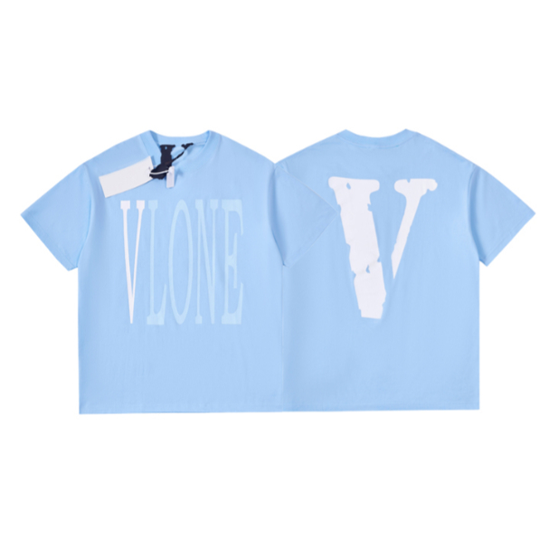 Estilo Street Wear VLONE Sky Blue Big V High Loose Hip-Hop Silk Impressão 260g Peso Camiseta De Manga Curta Unisexo