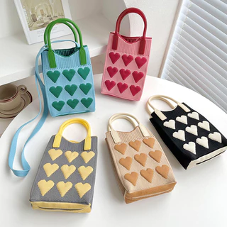 Bolsa Fashion Knitting phone Bags Mulher Mini Shoulder Bag Alças Longas Bordado Com Coração