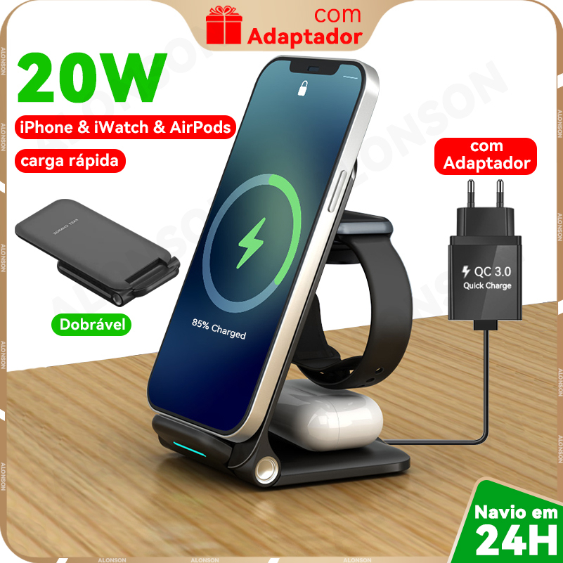 20W Carregador Sem Fio Suporte a Todos os Telefones Dobrável 3 em 1 ...