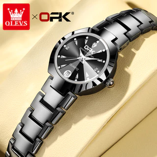OPK Relógio Feminino A Prova d água Com Pulseira Preto Prata Aço Inoxidável Casual 8105