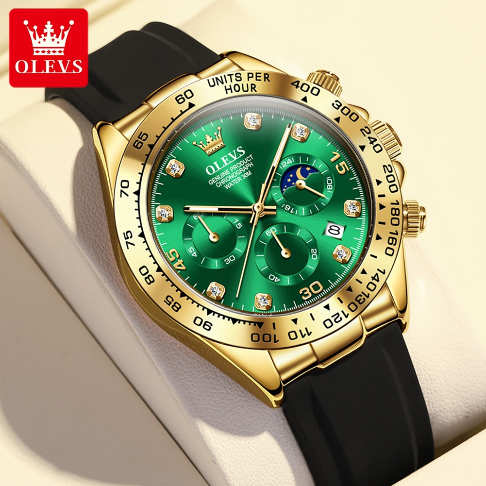 OLEVS 2875 Relogio Masculino Relógio Masculino A Prova d Água Original Esportivo Borracha Luxo Cronógrafo Luminoso Calendário Ouro Preto Verde