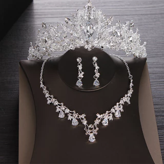 Austríaca Cristal Prom Promessa Tiara Coroa Véu Colar Da Coroa Nupcial Brincos Zircon Conjunto De Três Peças Vestidos De Noiva Crystal Diamond Acessórios Para A Cabeça Com Contas Estilo Coreano