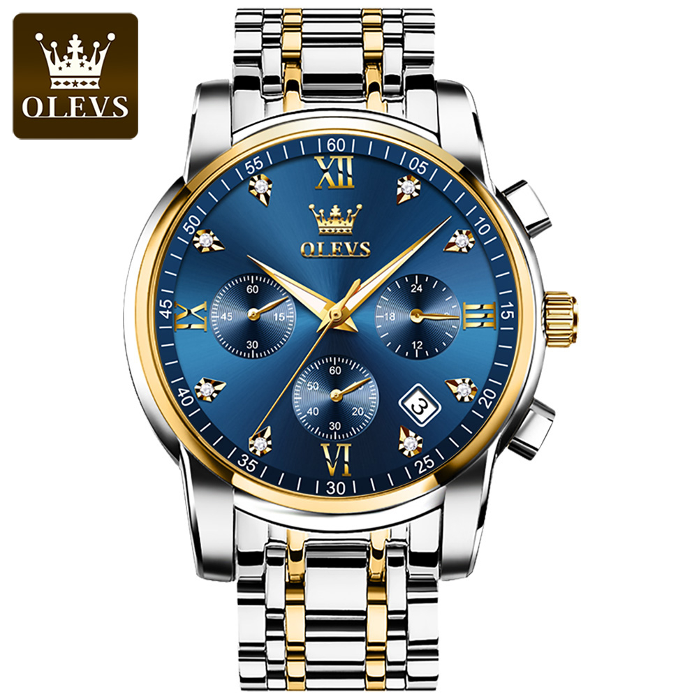 OLEVS relógios masculinos prova da água original de luxo 3 anos de garantia cronógrafo dourado preto azul 2858