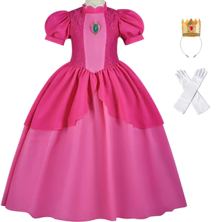 Meninas Verão Moda Super Mario Princesa Pêssego Vestido Vestido de renda bonito para crianças Luvas + Coroa 2-9 Anos
