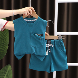 Summer Baby Boys Girls Clothes Roupas Meninas waffle Algodão Desportivo Colete Sólido Calções 2Pcs/set Lazer Kids Fashion Toddler Fatos De Treino
