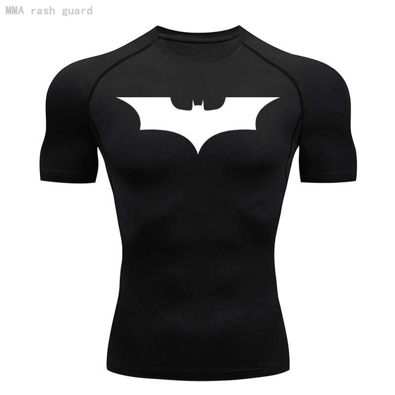 Camisa De Compressão Homens Esportes De Verão Manga Curta Preta Batman Quick Breathable Gym Workout Top Branco