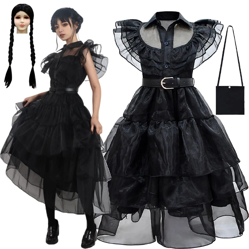 Quarta-Feira Addams Family Costume Girls Halloween Cosplay Vestidos Gótico Vento Kids Fantasia Wandinha Vestuário De Carnaval