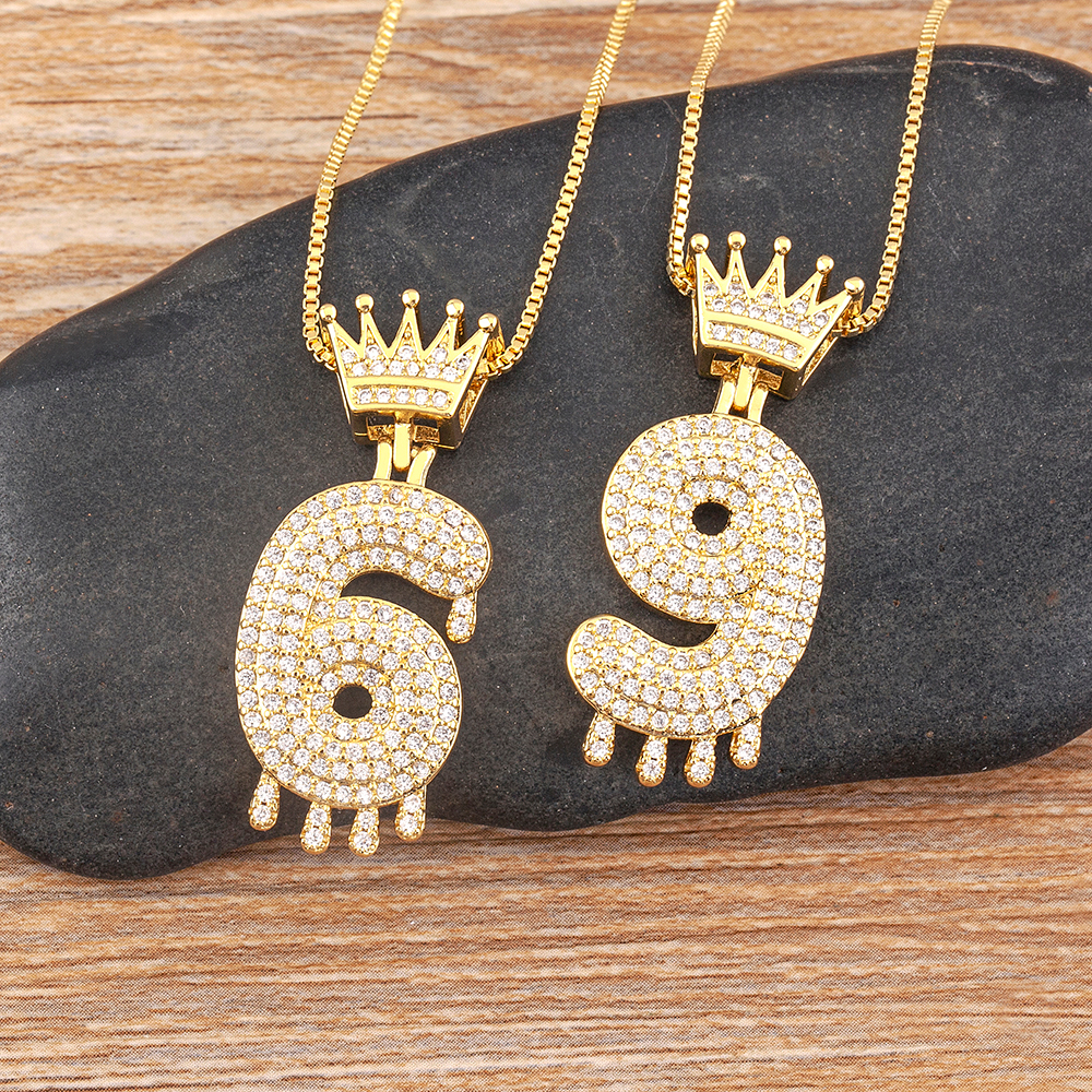 Clássico Fashion Crown Digital 0-9 Pendant Necklace Hip Hop Wind Rap Street Art Jóias De Zircônio De Cobre De Alta Qualidade