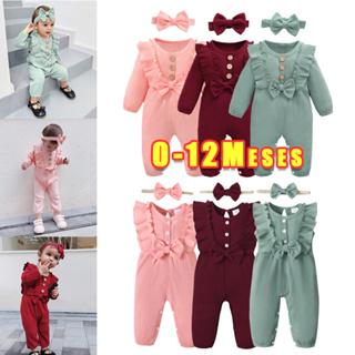 0-18 Meses Macacão Infantil Feminino De Algodão Com Cor Única E Faixa De Cabelo Para Outono , Inverno