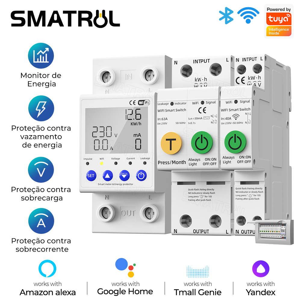 SMATRUL 40/63A WIFI Smart Switch TUYA Medidor De Energia Kwh Disjuntor De Medição Timer Com Corrente De Tensão E Proteção Contra Vazamentos