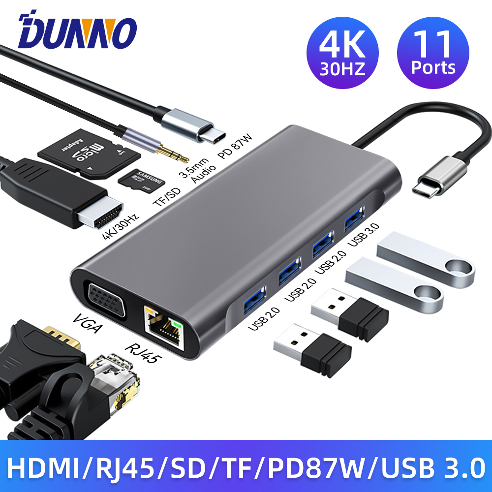 4/11 Em 1 Adaptador USB HUB 3.0 Tipo C Para 4K HDMI-Compatível VGA RJ45 Lan Ethernet SD/TF 87W PD Dock Station PC Portátil Divisor