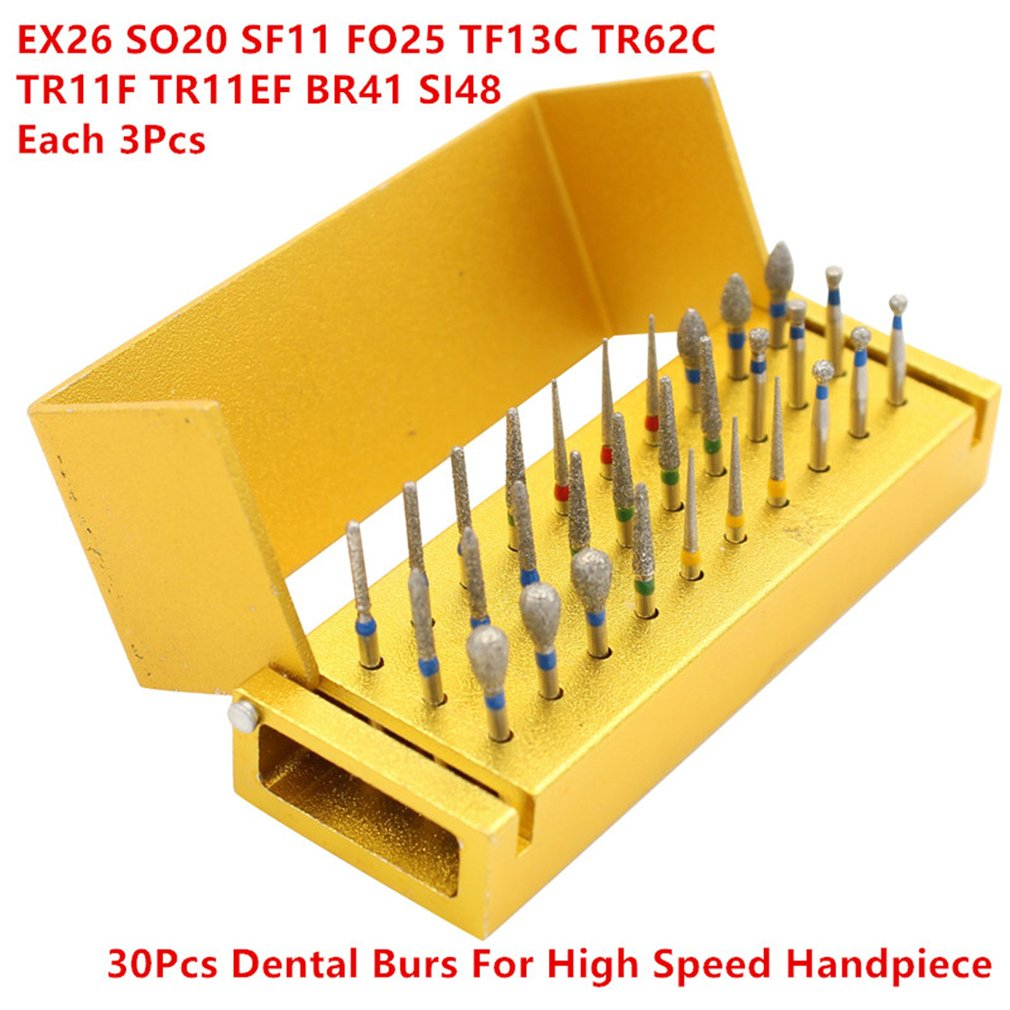30Pcs Brocas Diamantadas Dentárias + Bloco De Desinfecção Ferramentas De Alta Velocidade Para Peças De Mão