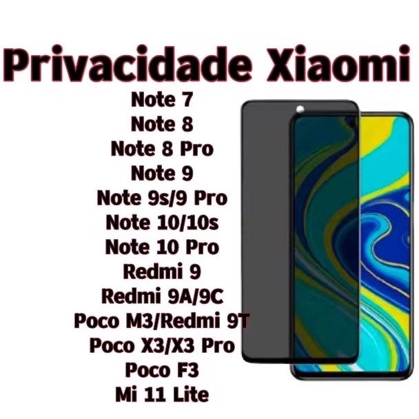 (Atacado) Película Cerâmica De Privacidade Xiaomi Redmi Note 7 /Note 8 /Note 9 /Note 9s /Note 10 Pro /Note 11 Pro/Note 12 /Poco X5 pro /X4 pro /X3 pro /F3 /M3 Pro /C40 /Rm 9 /Rm 9A/9C