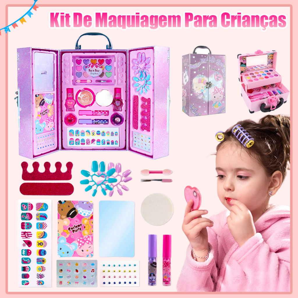 Conjunto de brinquedos de maquiagem infantil, Caixa de maquiagem rotativa,  Bolsa, Lippy lavável, Esmalte, Jogo Seguro