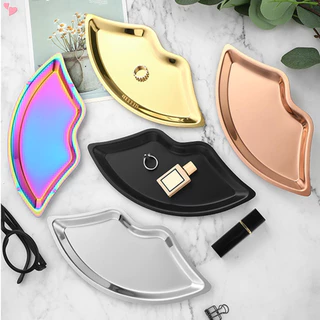 Pulseira Organizador De Jóias Em Aço Inoxidável Bandeja Forma De Lábio Cosméticos Ornamento De Mesa