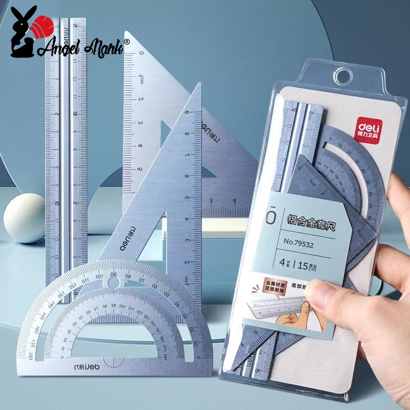 Conjunto De Réguas De Metal Angel Mark DELI Alumínio Liga De Régua Combinada Multifuncional Triângulo Transferidor De Para Presente De Natal Estudantil