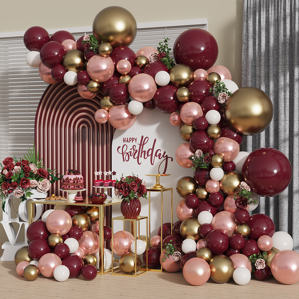 138pcs/set Vinho Balão De Ouro Tinto Corrente De Aniversário De Casamento Decoração