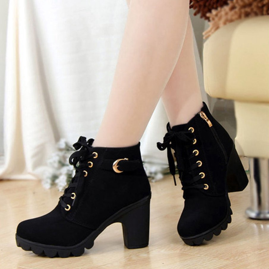 Moda Feminina Salto Alto Lace Up Side Zipper Buckle Ankle Boots De Camurça Sapatos