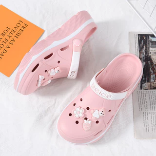 Sapatos De Buraco Feminino De Verão Uso Ao Ar Livre ins Trendy Baotou Meio Drag Sola Grossa Antiderrapante Moda Casual Estudante Beira-Mar Areia De Praia