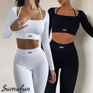 Roupa De Academia Feminina Conjunto Academia Feminino Conjunto Fitness Calça Fato Esportivo De Yoga Duas Peças De Cor Sólida Top Curto