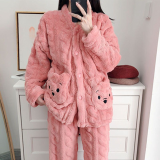 Roupa de dormir feminina Kawaii Flanela conjunto de pijama feminino inverno  veludo manga longa roupas quentes para casa Anime pijama para jovem